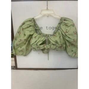 Forever 21 Sage Green Floral Puff Sleeve Milkmaid Cottagecore Crop Top M.    Dd